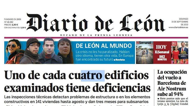 Portada del Diario de León del 15 de septiembre de 2013 con el reportaje De León al mundo