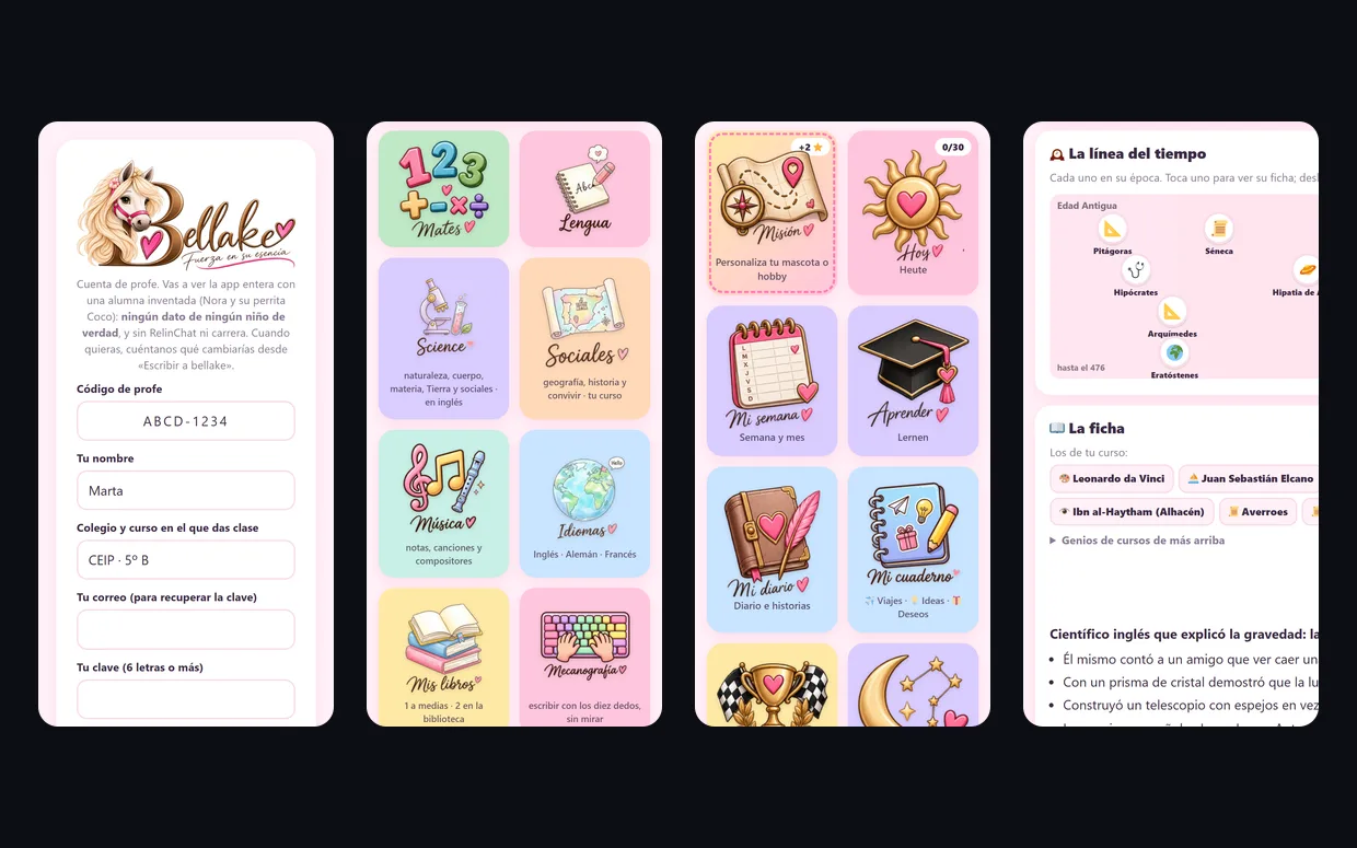 Four screens of a family learning app on a phone