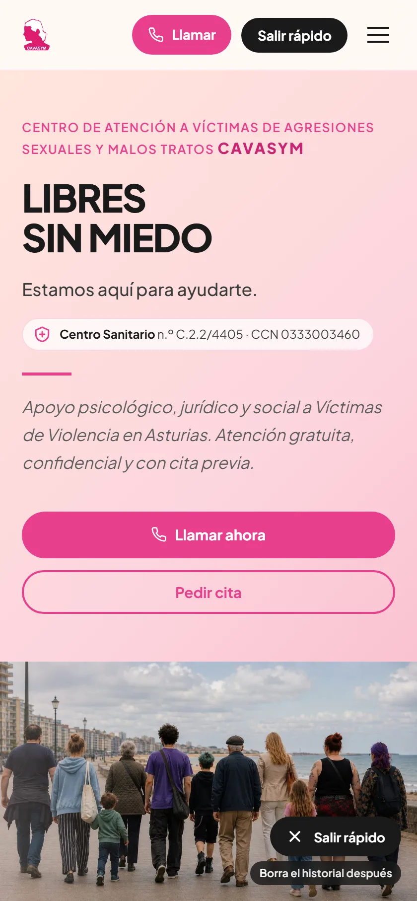 La web de CAVASYM en el móvil, con el teléfono y el botón de salida rápida a la vista