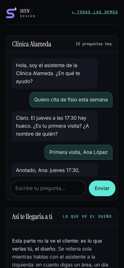 La demo de la clínica vista en un móvil: un paciente pide cita de fisioterapia