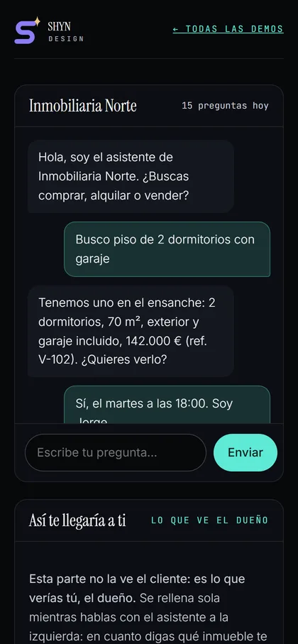 La demo de la inmobiliaria vista en un móvil: un cliente pide visita para un piso